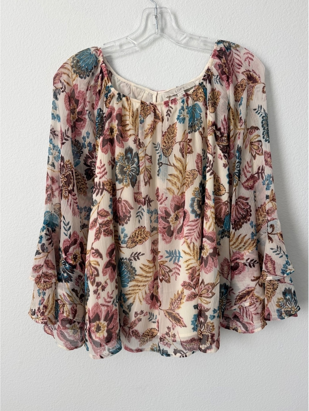 LOFT Multicolor Floral Long Bell Sleeve Round Neck Chiffon Blouse Women's Size S